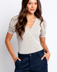 FRAME Rib Ruched Short Sleeve Henley